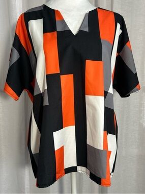 Women's Geometric V-Neck Blouse in Black, Orange & White